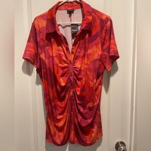 torrid Pink & Orange Ruched Short Sleeve Polo Top